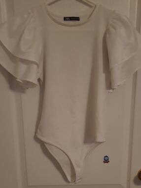 Zara White Ruffle Sleeve Bodysuit One-Piece